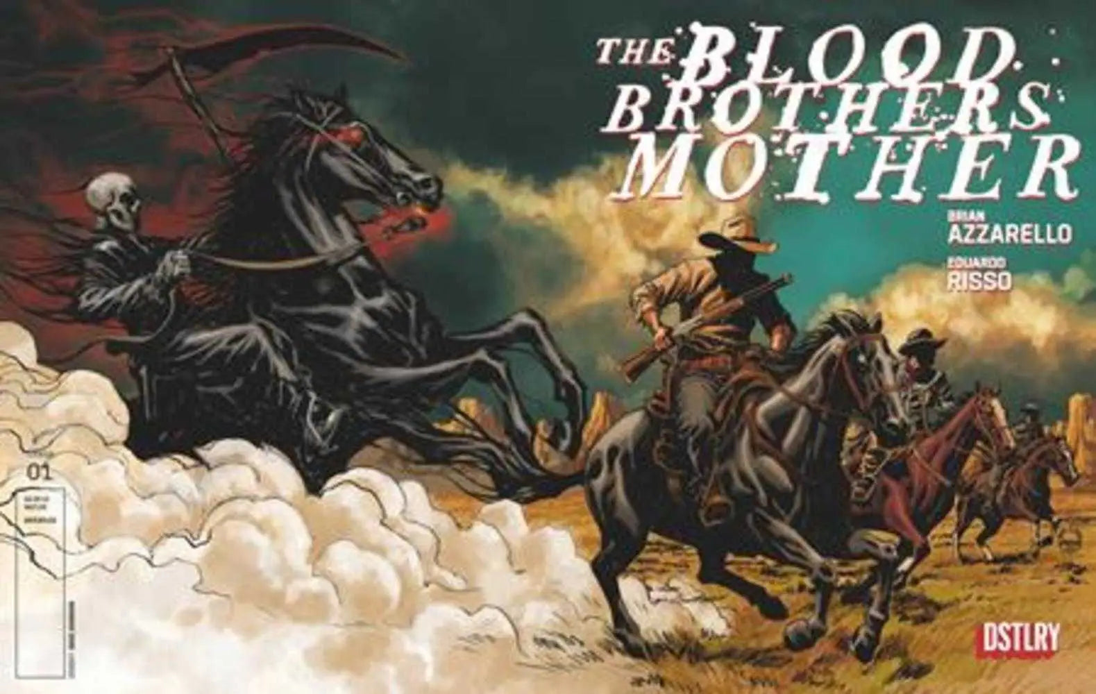Comic book cover of Blood Brothers Mother #1 featuring horseback riders and a skeletal figure