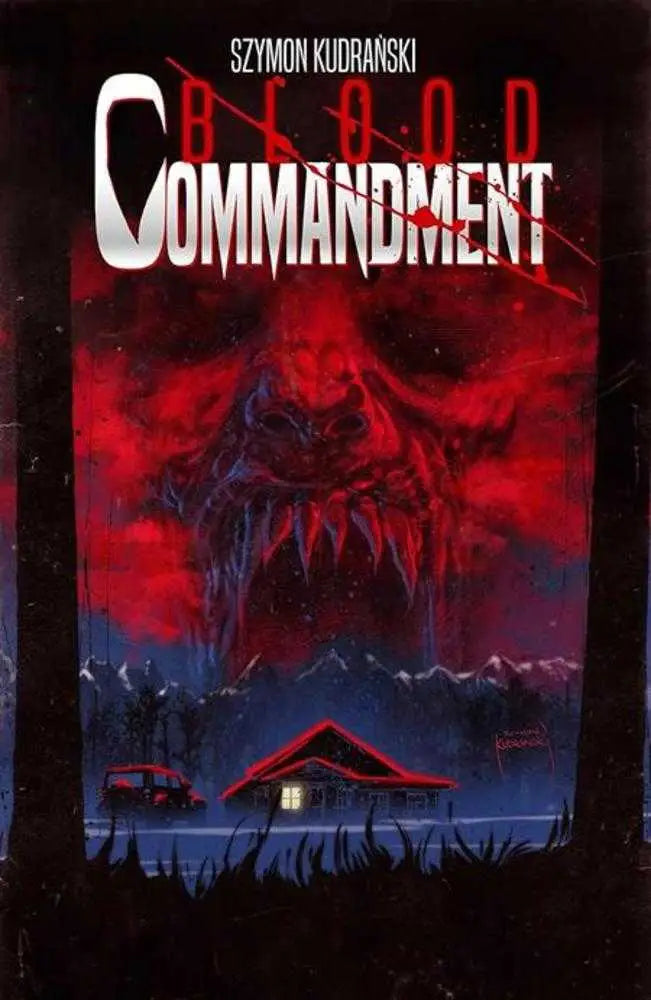 Book cover for Blood Commandment by Szymon Kudranski featuring a demonic face over a cabin