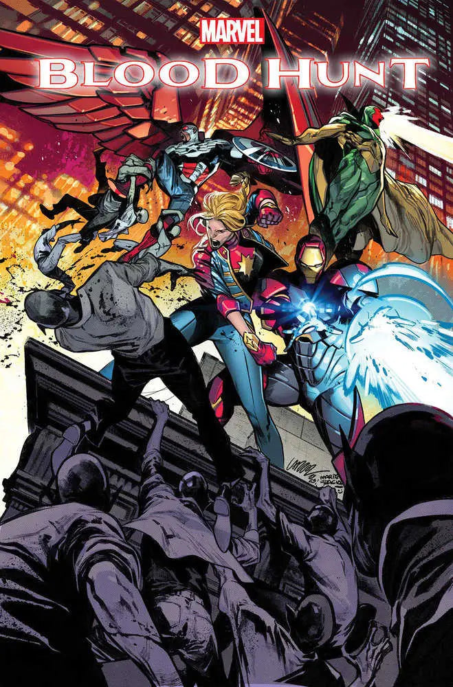 Comic book cover for Marvel’s Blood Hunt showcasing superheroes in action poses