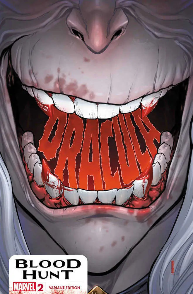 Grinning mouth with sharp teeth spelling DRACULA on Blood Hunt #2 variant cover