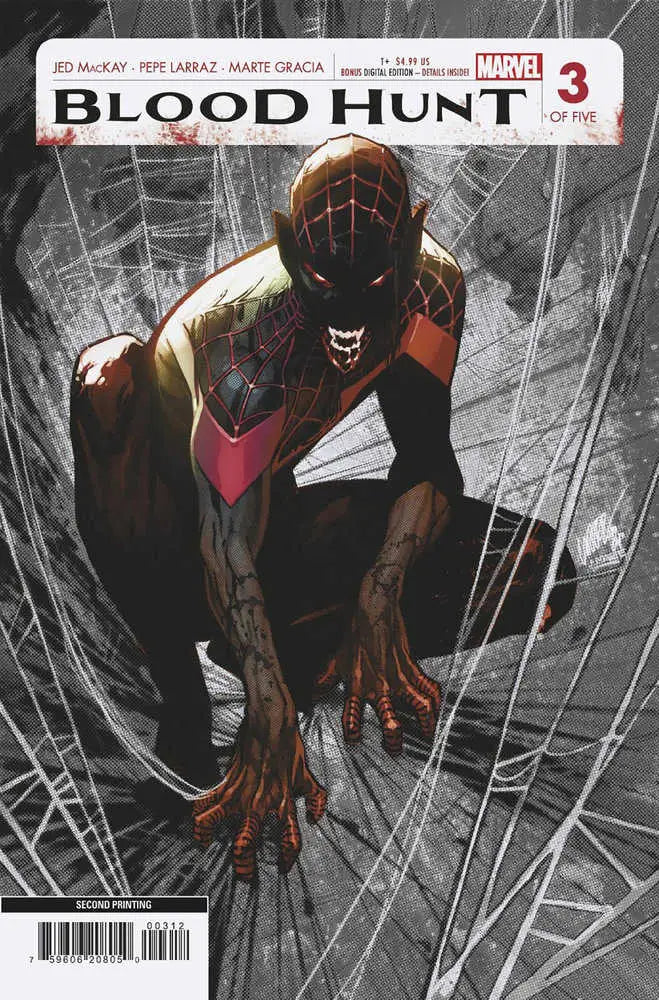 Dark figure in red and black crouching on web for Blood Hunt #3 Pepe Larraz 2nd Print Variant
