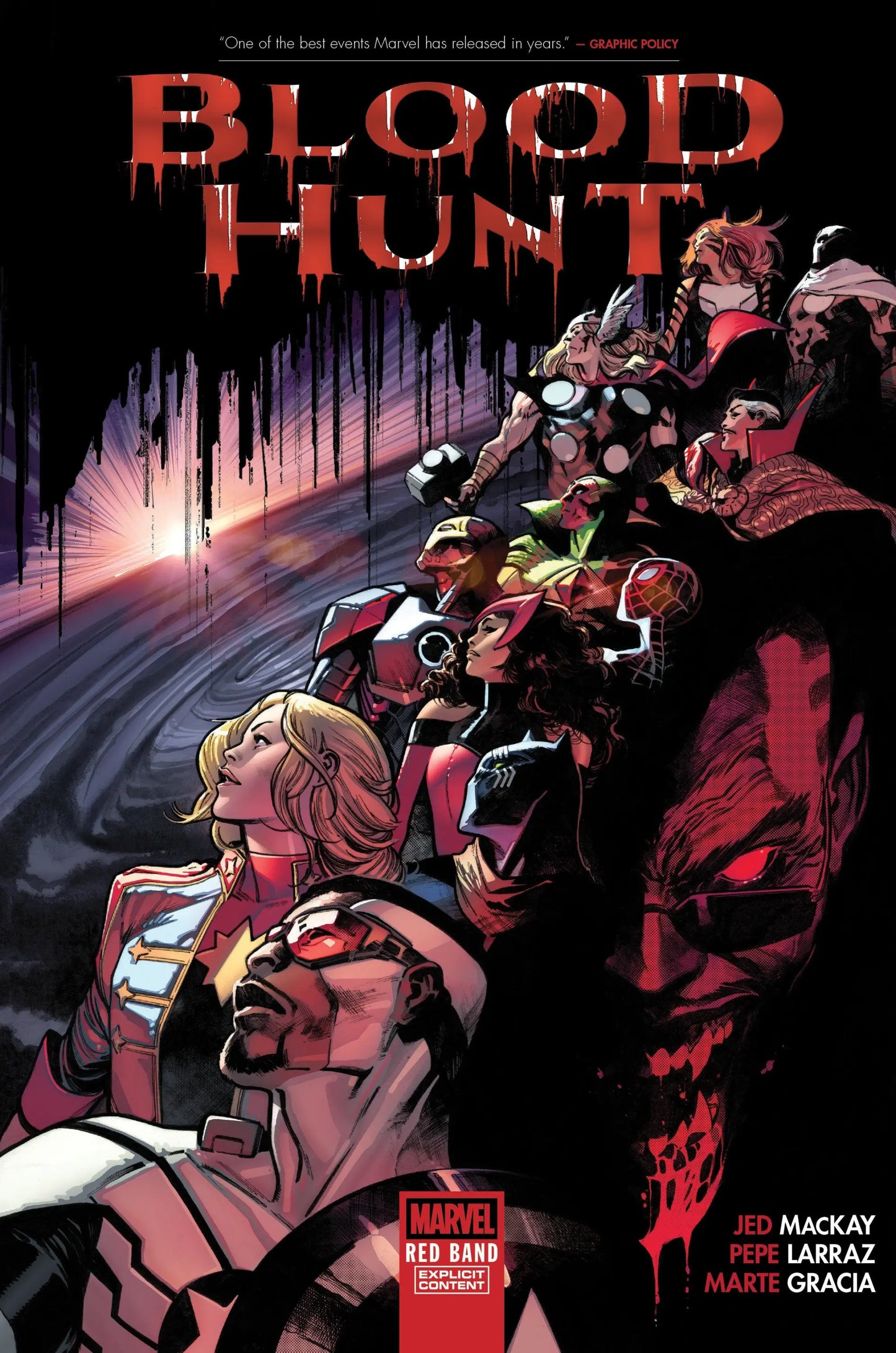 Blood Hunt Red Band comic cover featuring superheroes like Captain Marvel and Falcon