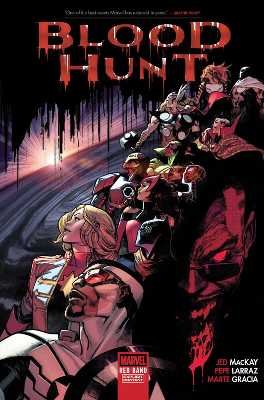 Blood Hunt Red Band comic cover featuring superheroes like Captain Marvel and Falcon