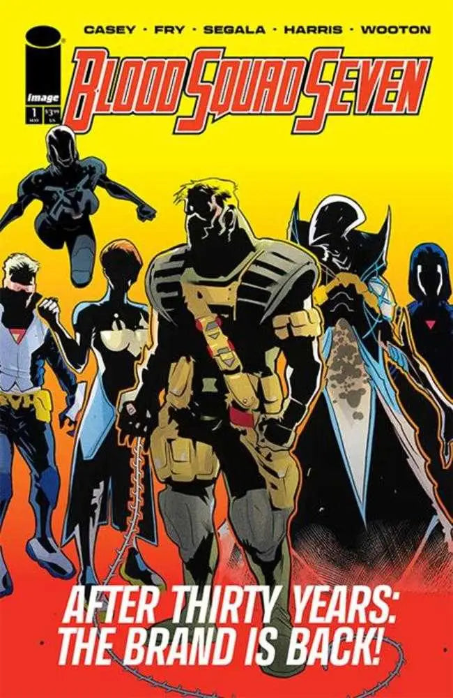 Comic book cover of Blood Squad Seven #1 featuring silhouetted superheroes