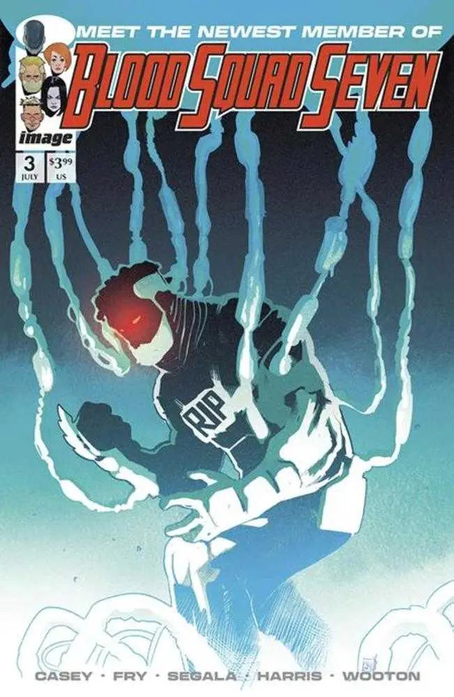 Comic book cover of Blood Squad Seven with armored figure amidst blue light streaks