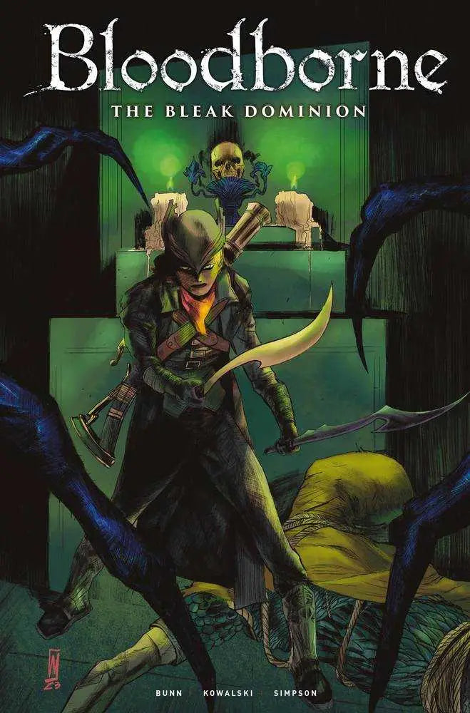 Comic book cover art for Bloodborne: The Bleak Dominion showcasing a hooded figure with blades
