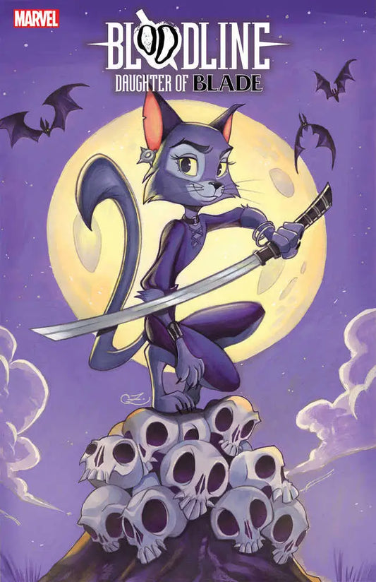 Purple anthropomorphic cat with a sword on skulls, featured in Bloodline Daughter Of Blade trading cards