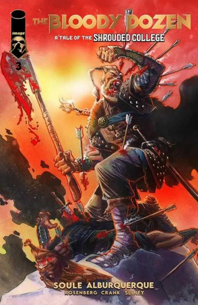 Comic book cover of Bloody Dozen featuring a warrior from Shrouded College on a red backdrop