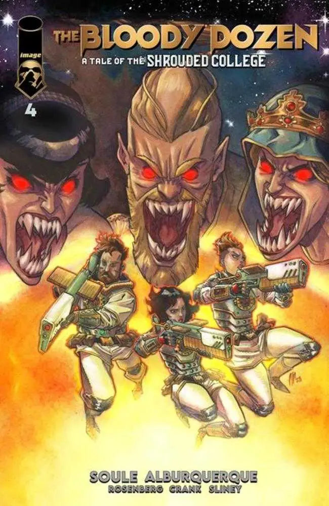 Comic book cover of Bloody Dozen showcasing fighters and demon faces in Shrouded College