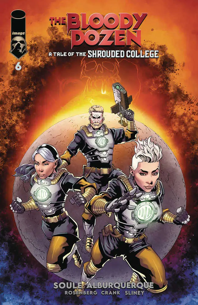 Comic book cover for Bloody Dozen Shrouded College featuring armored heroes in action