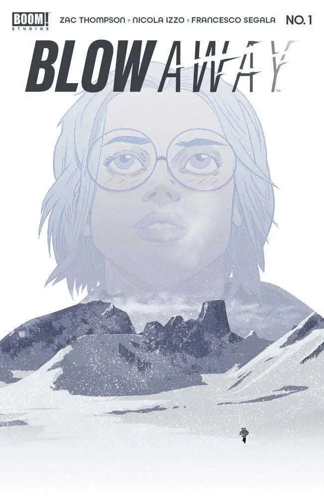 Comic book cover for Blow Away #1 featuring a double exposure of portrait and snowy landscape