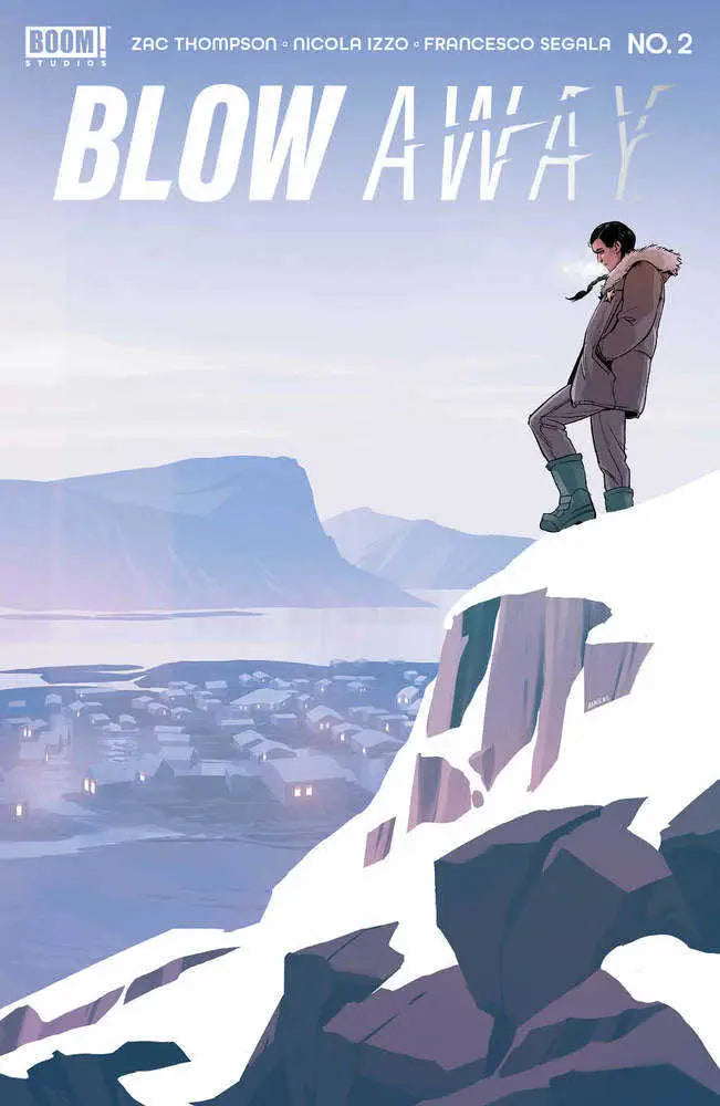 Comic book cover of Blow Away #2 features a figure at a snowy cliff edge, ideal for collectors