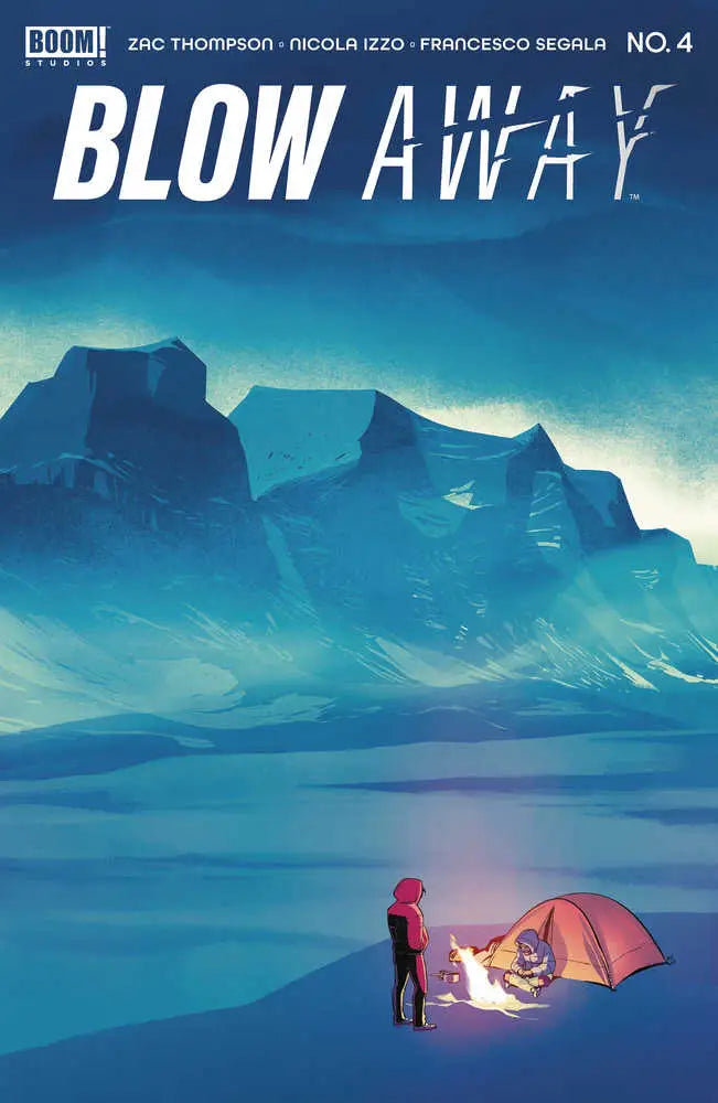Comic book cover for Blow Away #4 featuring a campsite, tent, and campfire scene