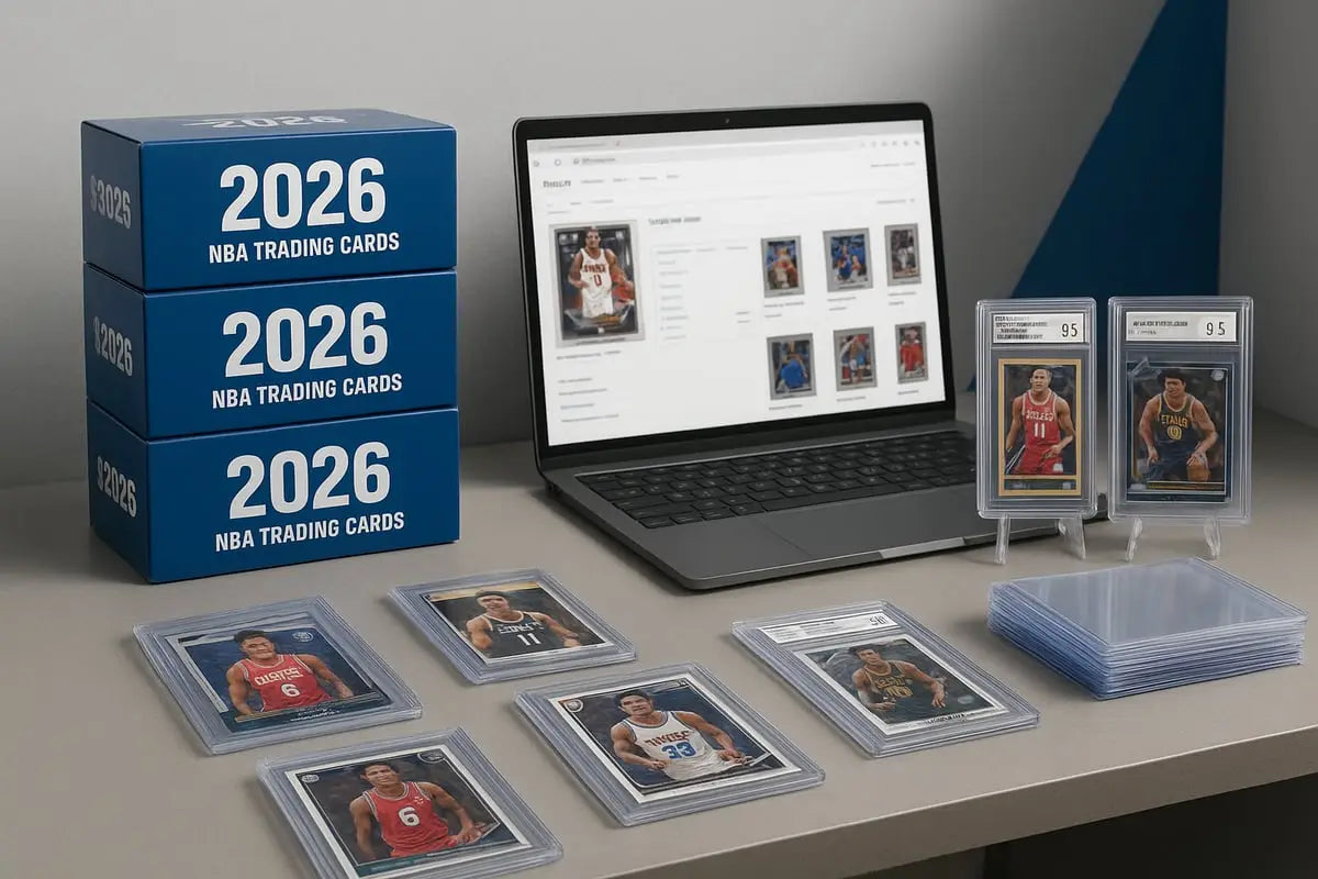 Stacked blue 2026 NBA cards boxes on desk for collectors