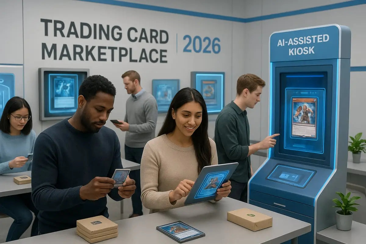 Blue AI-assisted kiosk for trading card marketplace transactions