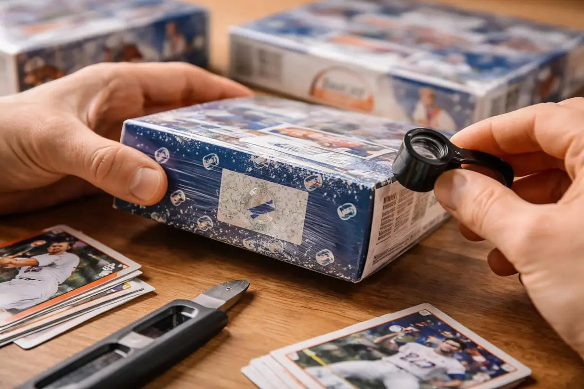 Blue baseball card box with snowflake design and protective film