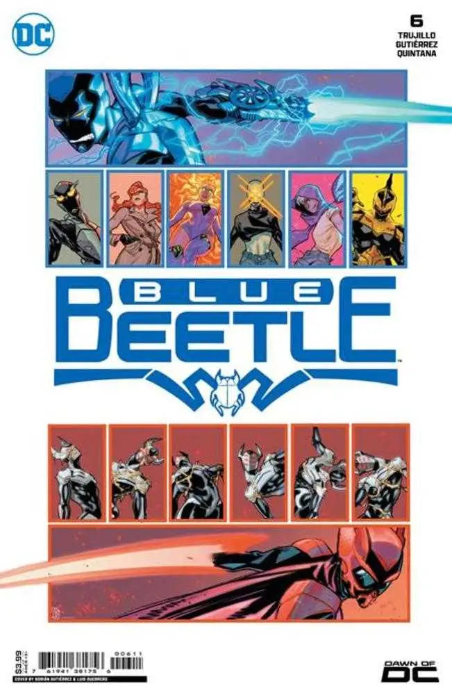 Comic book cover of Blue Beetle #6 by Adrian Gutierrez with dynamic action panels