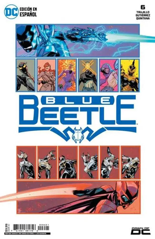 Comic book cover for Blue Beetle #6 in Spanish showcasing action and character poses