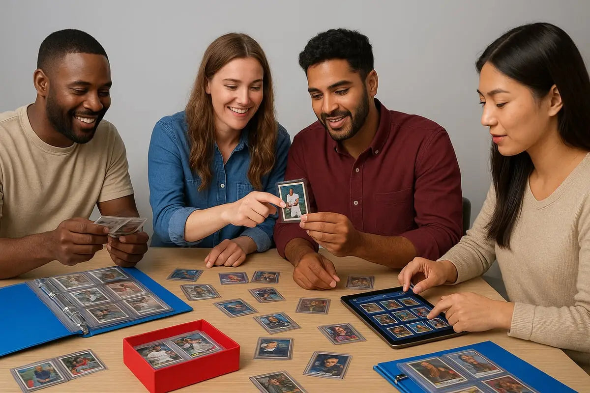 Blue binder with transparent pages holding Panini card trading baseball cards