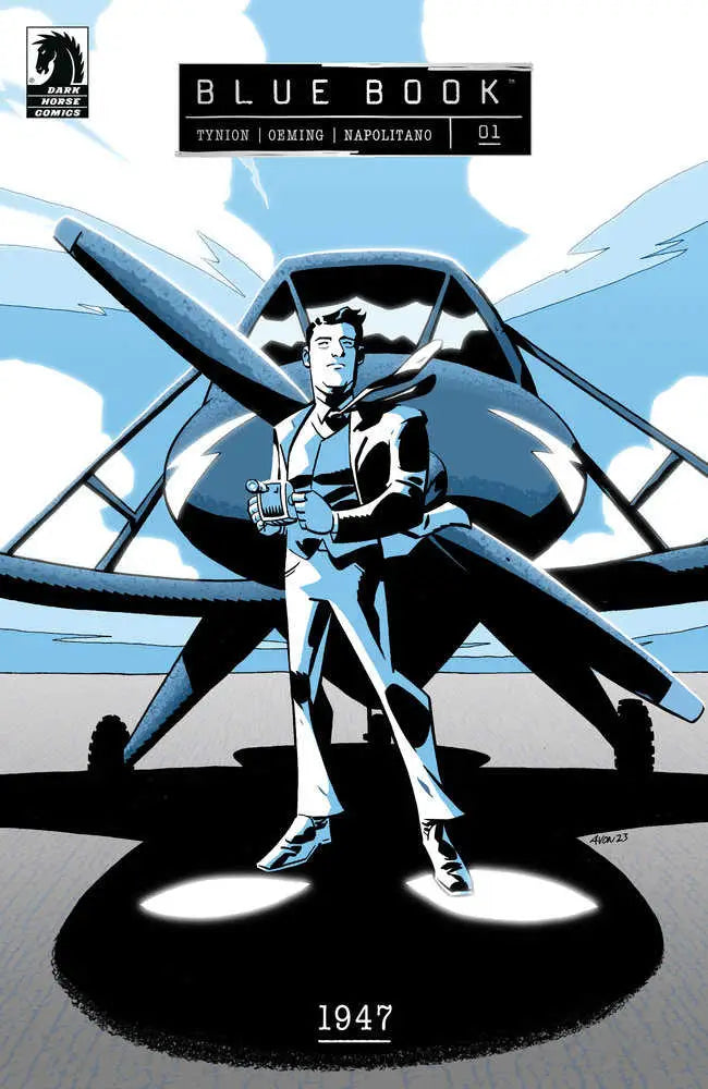 Comic book cover of Blue Book: 1947 #1 featuring a pilot and aircraft in blue and black