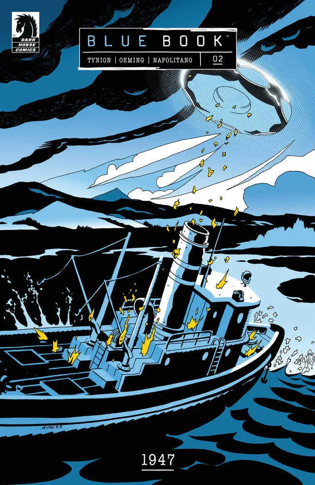 Dark ship tilting in rough seas with lights, featured on Blue Book: 1947 #2 trading cards