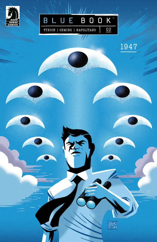Comic book cover art for Blue Book: 1947 #2 featuring crescent moons and blue sky