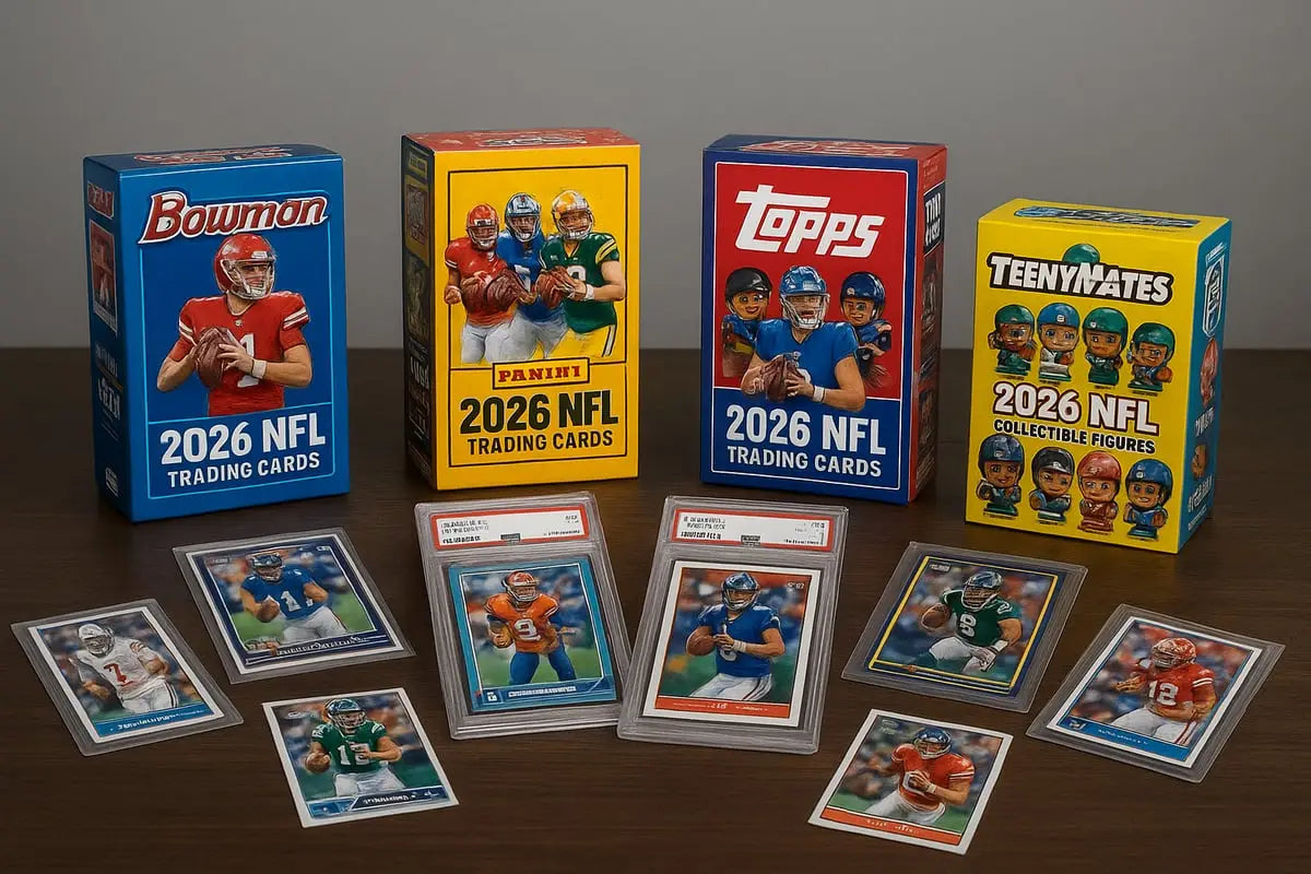 Blue Bowman 2026 NFL trading cards box with red uniform player holding football