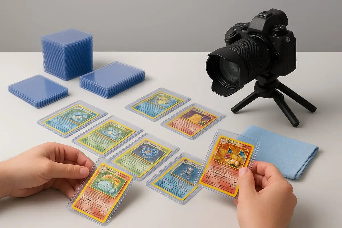 Blue cube foam blocks as props for pokemon card sale photos