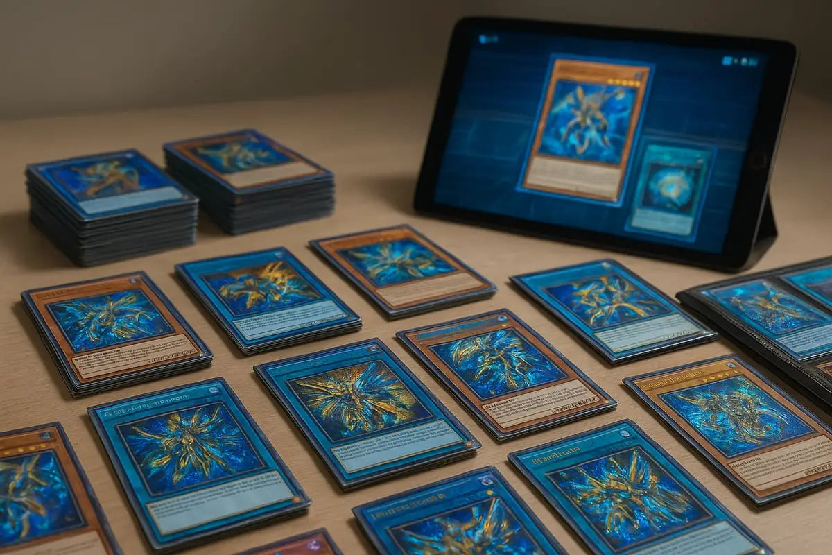 Blue and gold yugioh cards scattered on table with iPad display