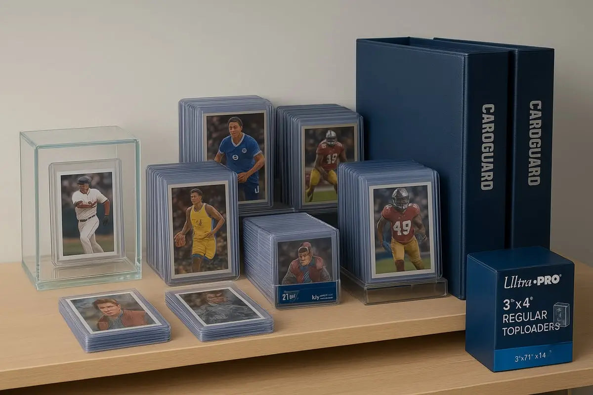 Blue plastic card protectors for trading cards in clear sleeves at card shows