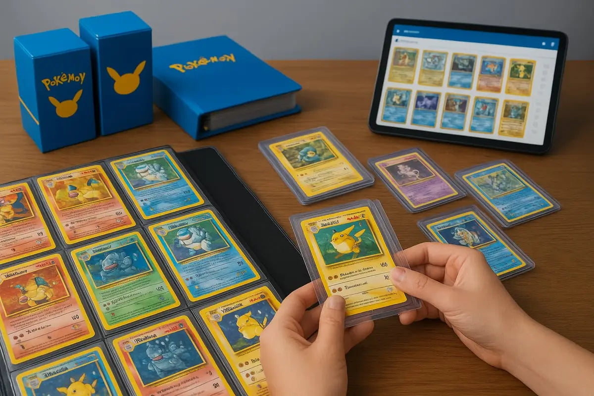 Blue Pokémon card storage box with Pikachu design for Pokémon cards collection