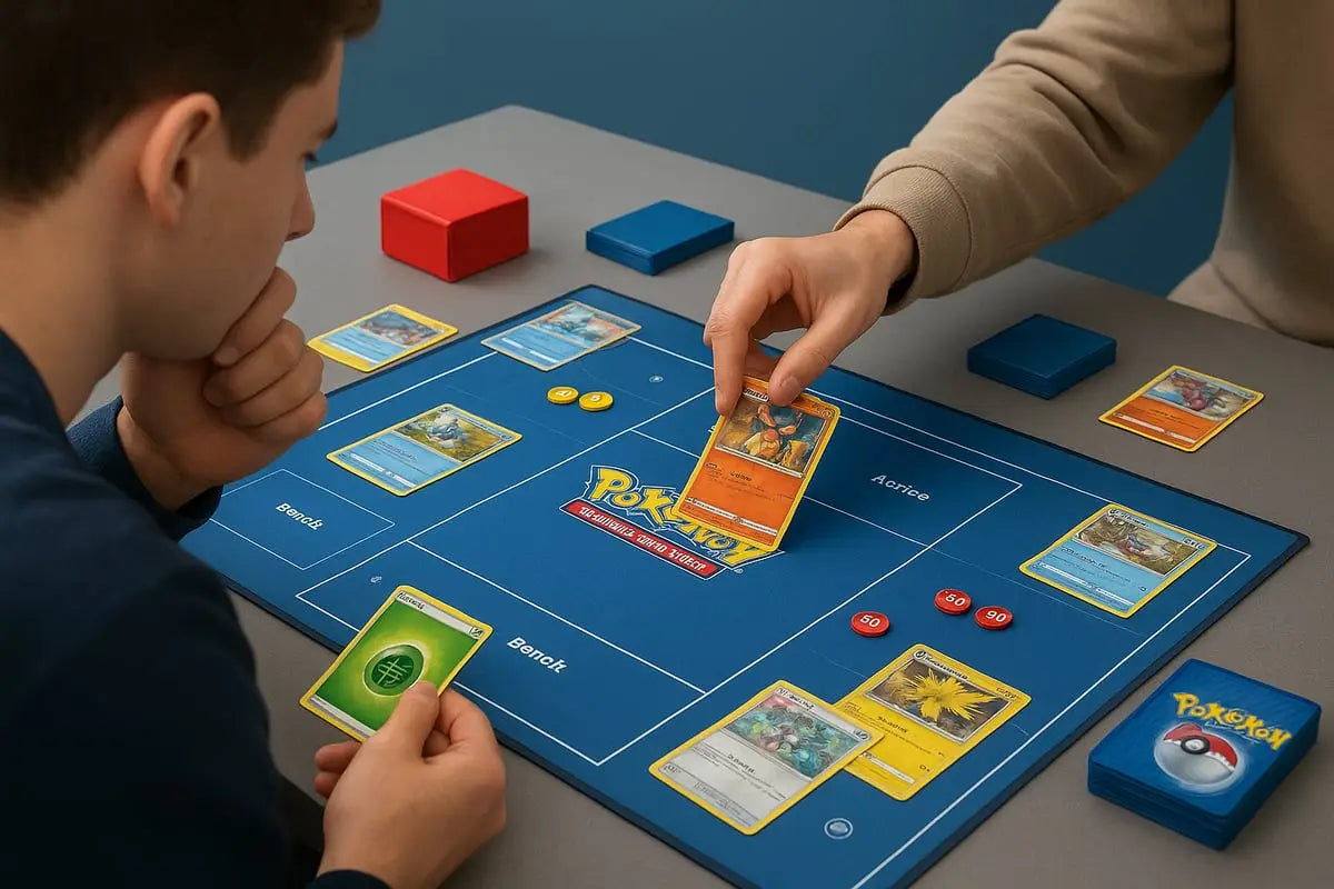 Blue Pokemon Battle Academy TCG battle mat with grid and zones