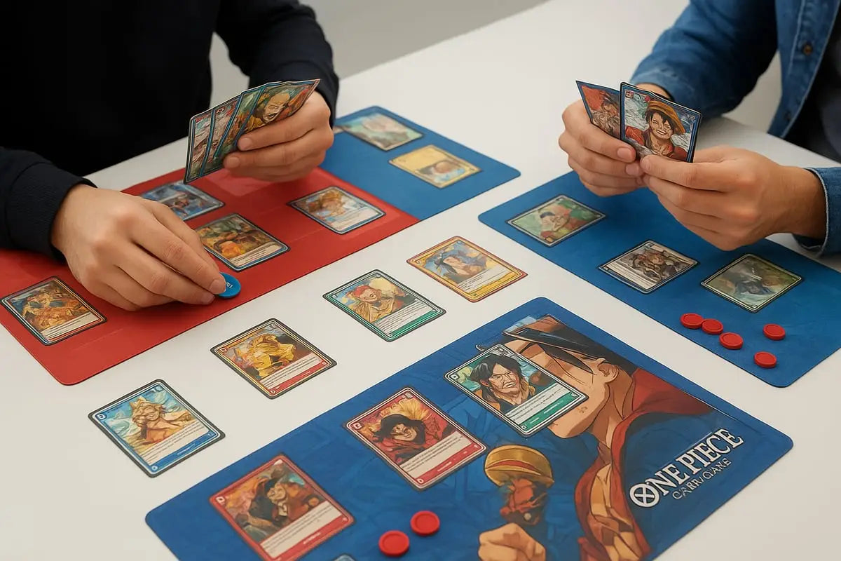Blue and red One Piece trading cards play mats with character designs