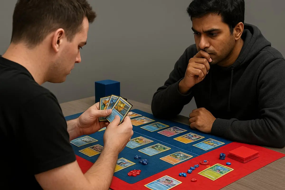 Blue and red Pokemon TCG playing mat with card game layout for 2026 strategies