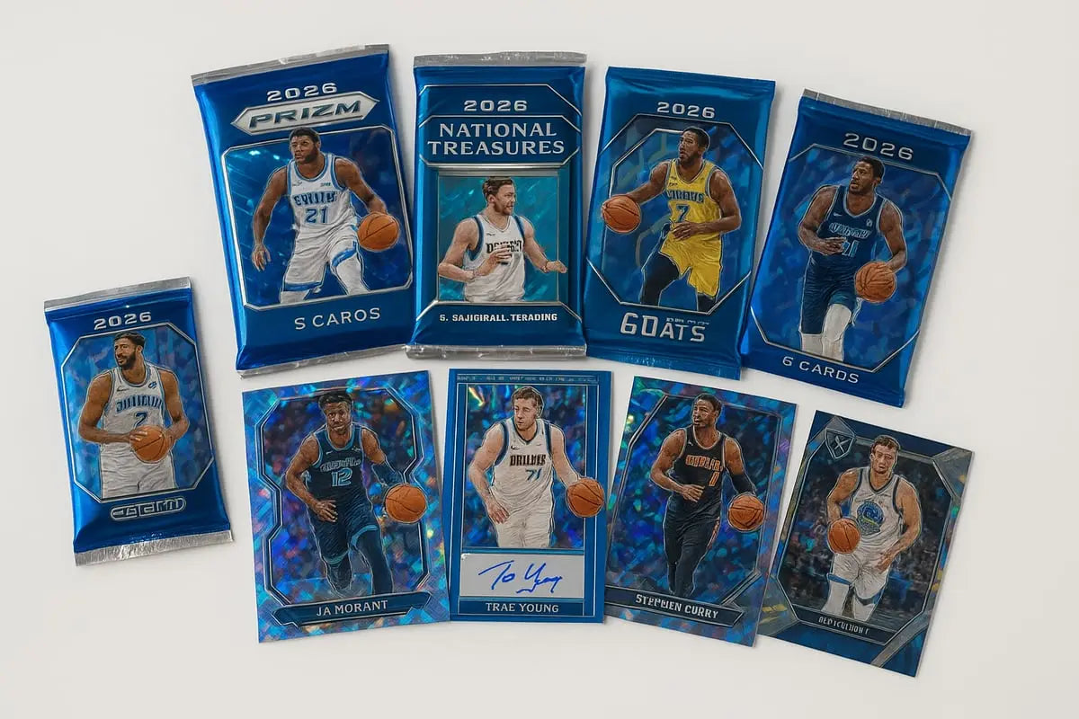 Blue and silver 2026 basketball Panini card packs with Ja Morant, Trae Young, Stephen Curry