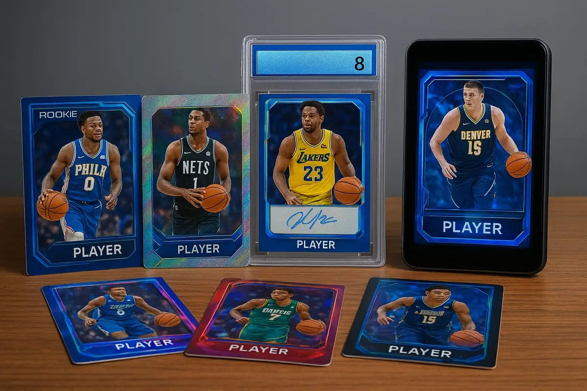 Blue and silver basketball cards of 76ers, Nets, Lakers, Nuggets in 2026 guide
