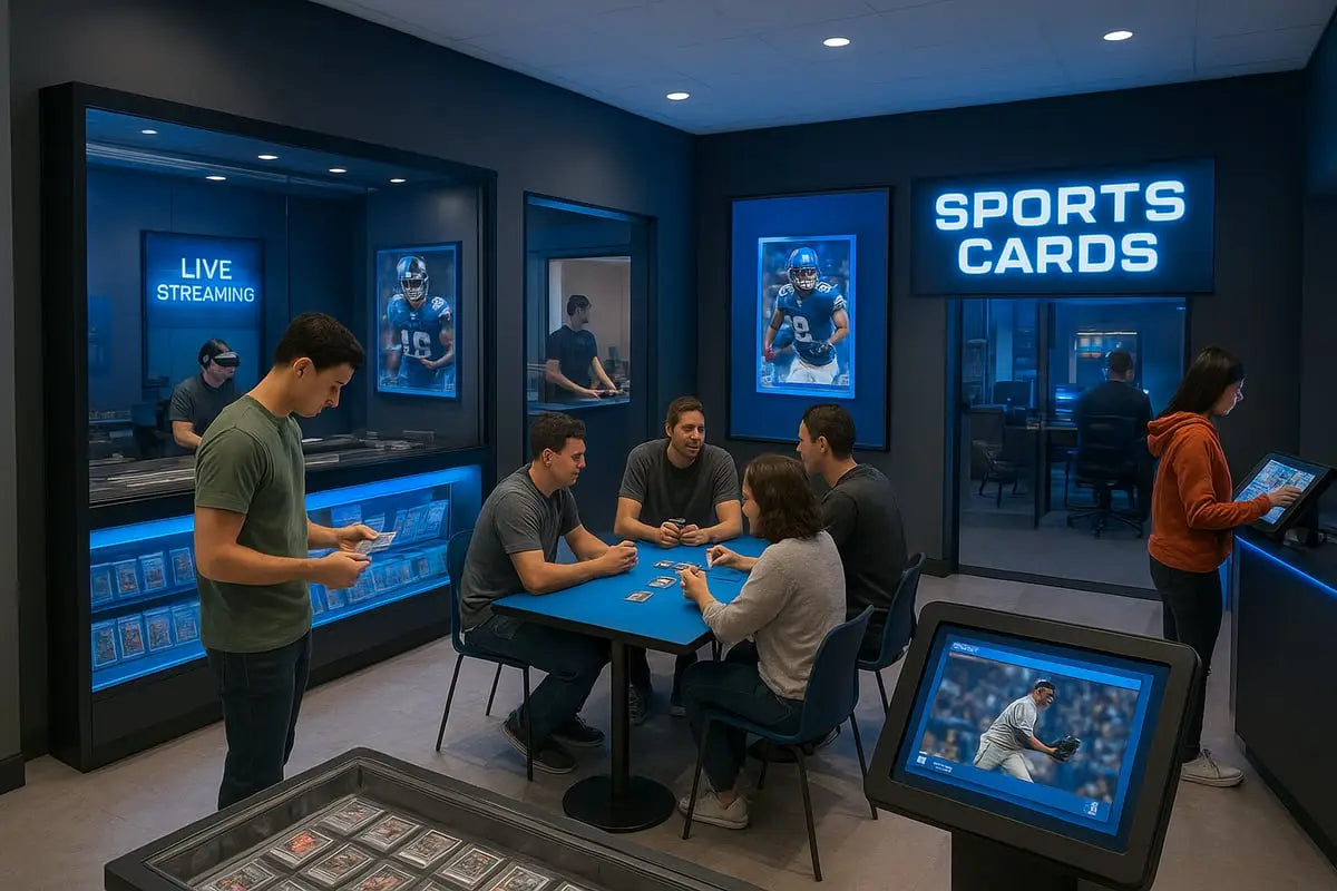 Group of collectors at blue table in sports card store