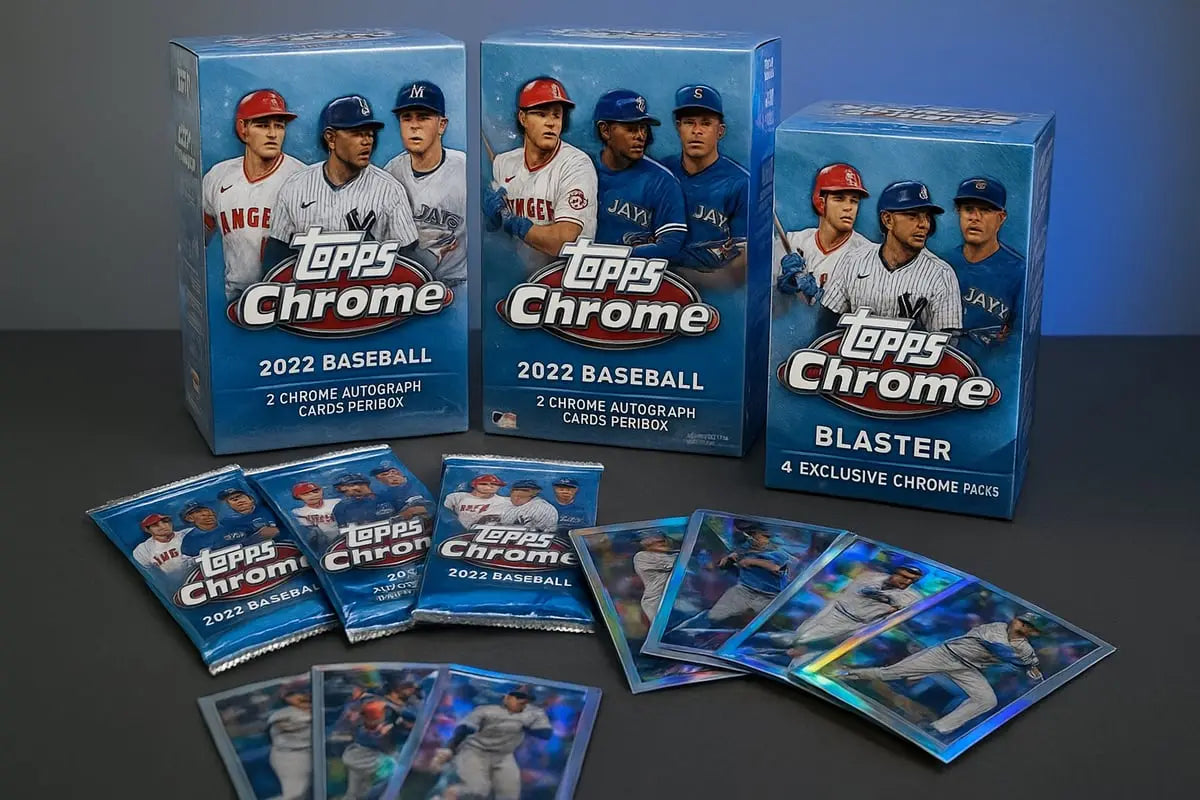 2022 Topps Chrome baseball card boxes and packs in pinstripe uniforms