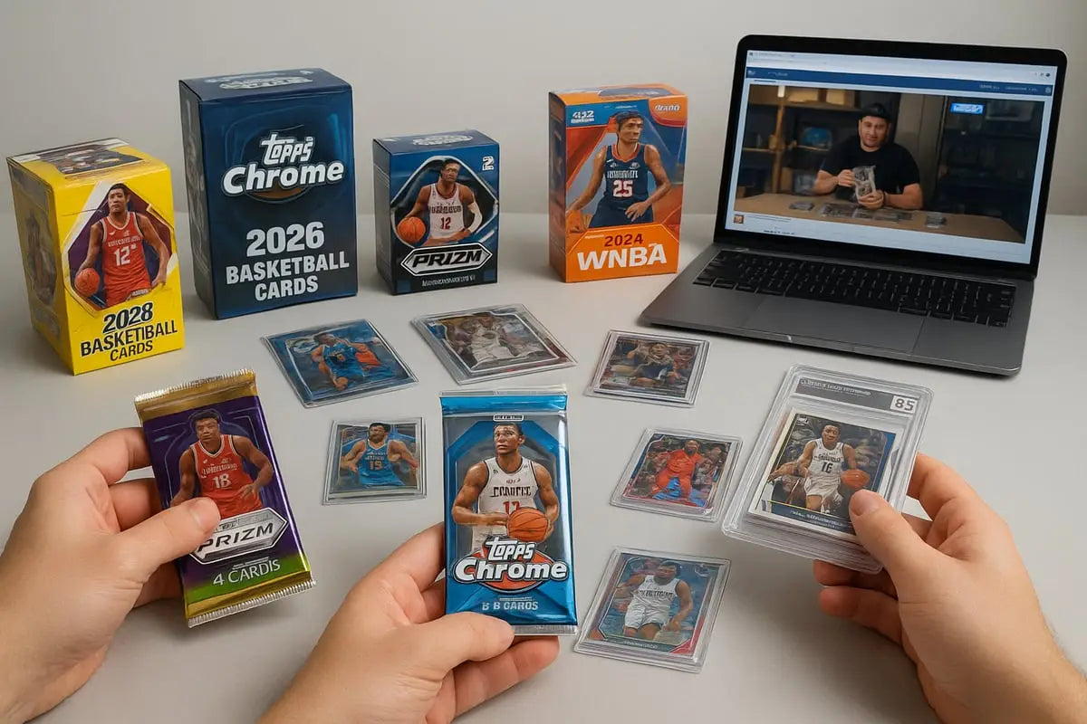 Hands holding blue Topps Chrome 2026 basketball cards pack