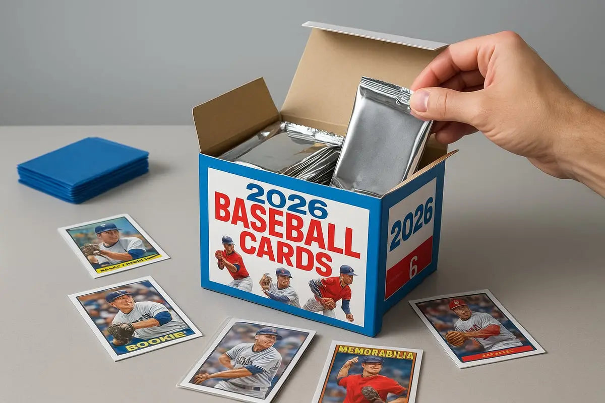 Blue and white 2026 baseball box cards with silver foil packs