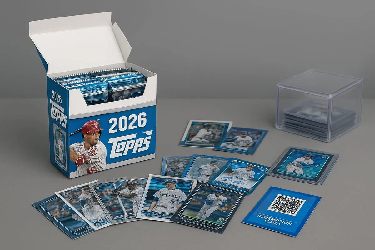 Open 2026 Topps hobby box with red helmeted player and card packs