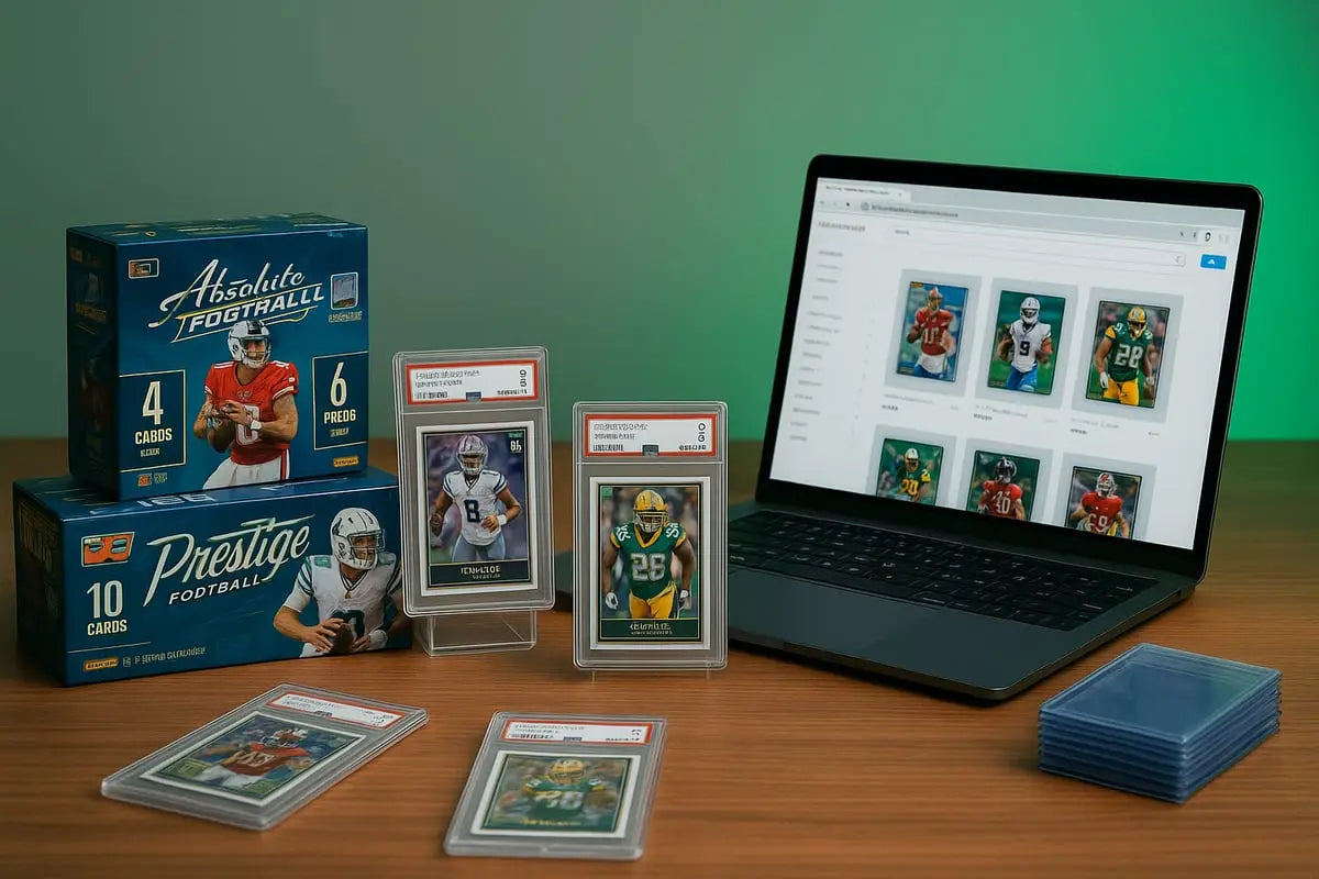 Blue and white absolute football card boxes with player imagery for your collection