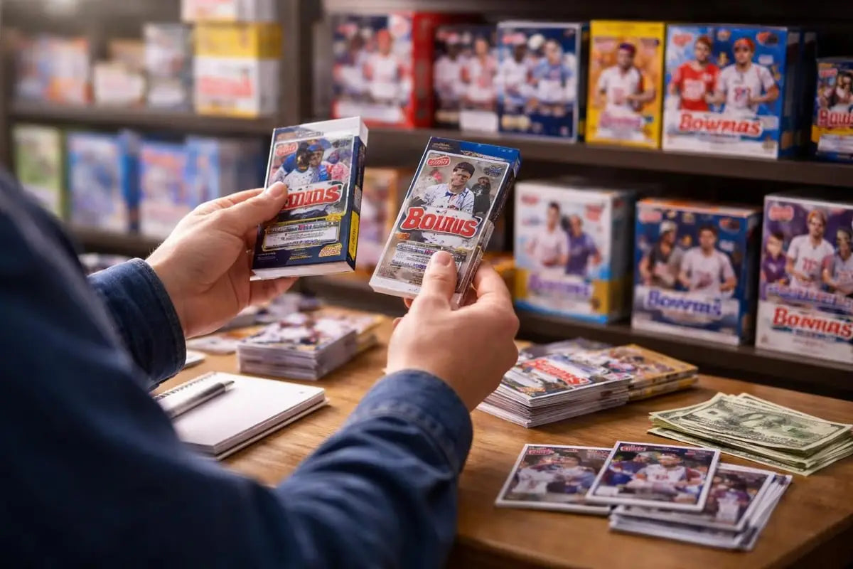 Hands holding blue and white bonus baseball card packs