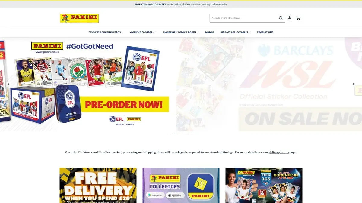 Glossy blue and white Panini EFL football sticker box at essential Panini stores