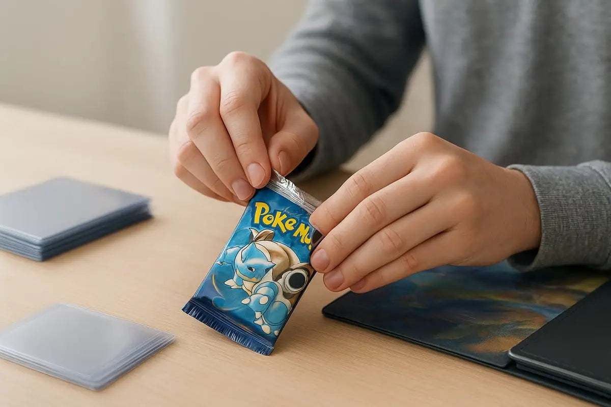 Blue and white Pokemon booster packs candy wrapper with character art