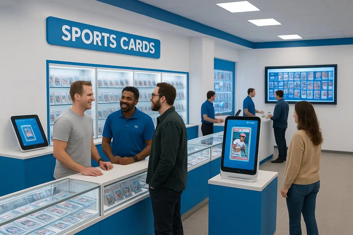 Blue and white sports card store counter with glass cases of collectible cards