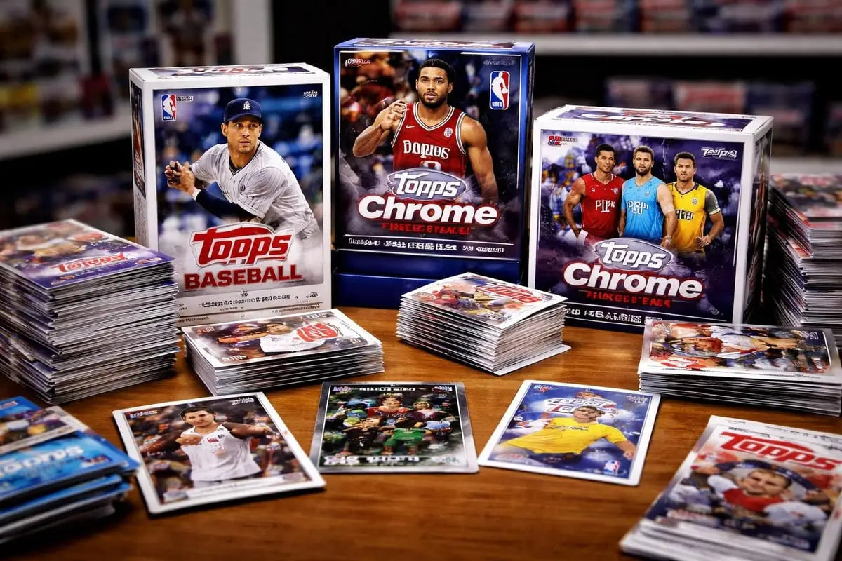 Blue and white Topps Chrome baseball card boxes with glossy finishes