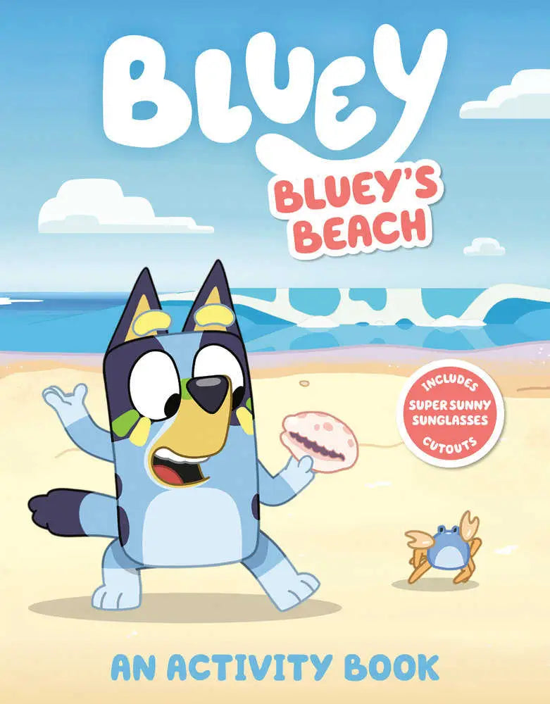 Book cover of Bluey’s Beach Activity Book with cartoon blue dog on beach scene