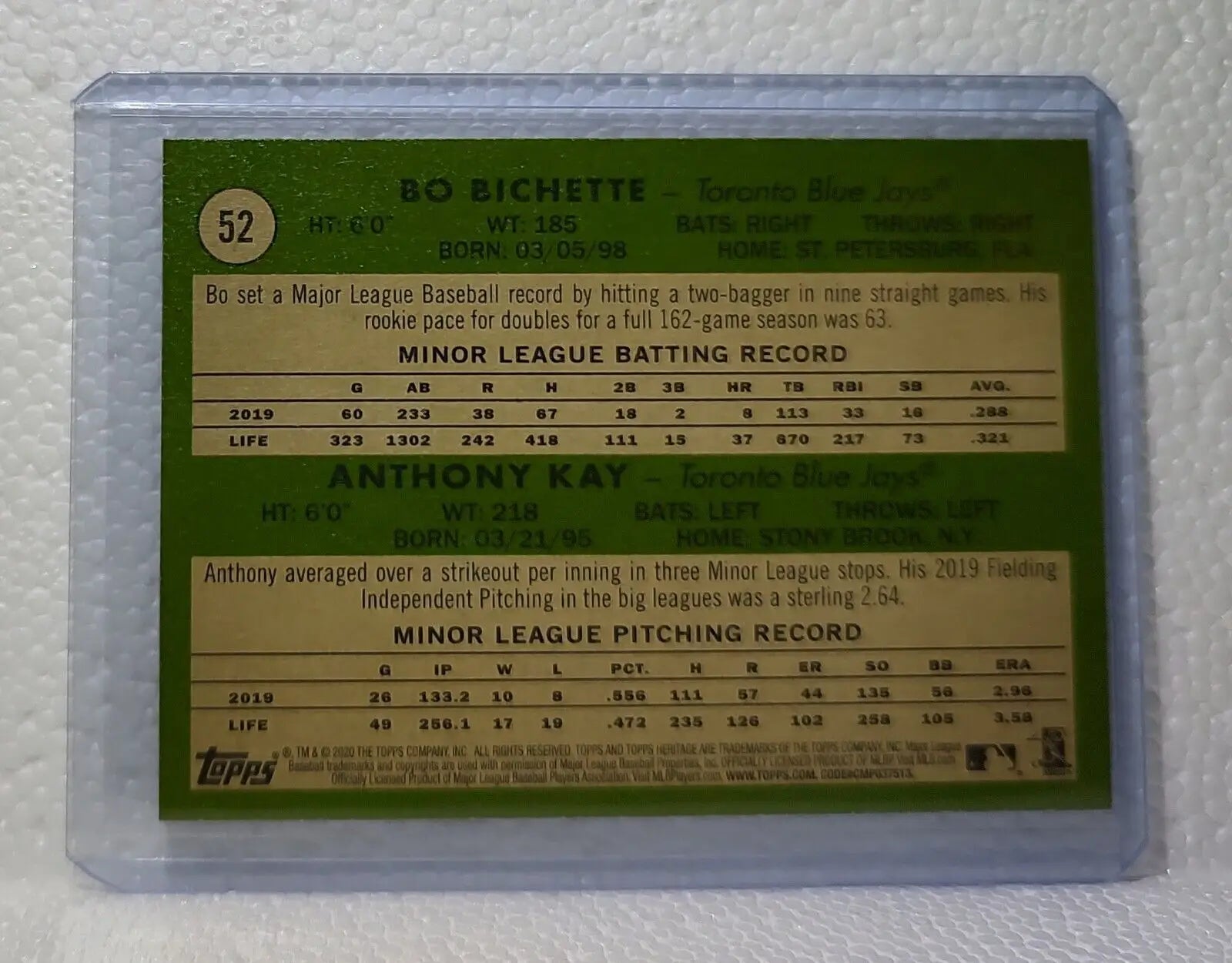 Bo Bichette / Anthony Kay 2020 Topps MLB #52 Rookie Star Baseball Card Blue Jays