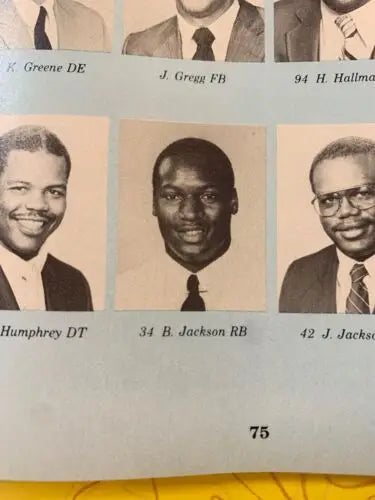 Yearbook page with headshots from the 50th Sugar Bowl featuring Bo Jackson